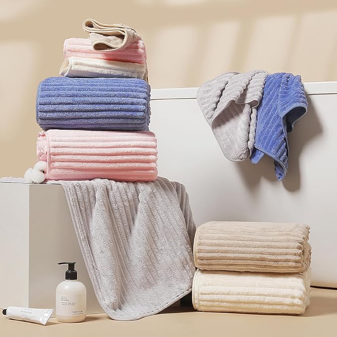 10 PCS Rainbow Coral Fleece Towels Set 5 (60×40in + 30×13in) - Super Absorbent,Extra Large Size, Cost-Effective(Milk White, Deep Blue, Coffee, Pink, Gray)