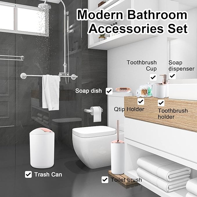 9 Pieces White Bathroom Accessories Set Gorgeous Gold Bathroom Set, Trash Can, Toilet Brush, Soap Dispenser, Toothbrush Holder, Soap Dish, Tumber, Qtip Holder, Tray, Sink Countertop Set