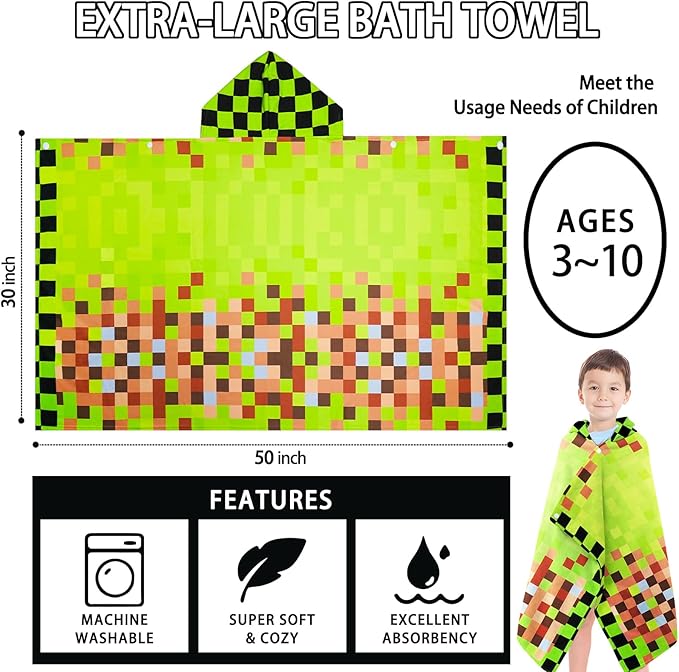 Hooded Towels for Kids- Ultra Soft 100% Cotton Game Style Toddler Hood Bath Towels/Pool Terry Towel Beach Poncho Wrap Absorbent Cute Bath & Swim Wrap for Boys & Girls 3-10 Years - Green