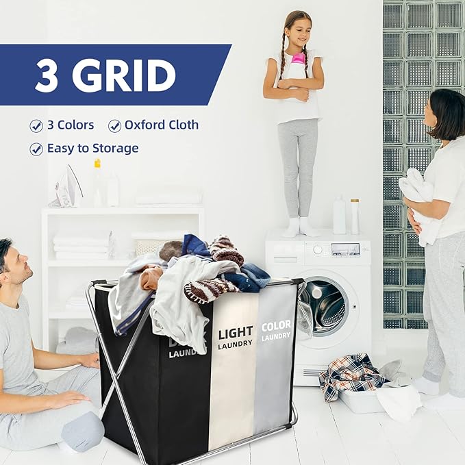 Laundry Cloth Hamper Sorter Basket Bin Foldable 3 Sections with stainless steel Frame Washing Storage Dirty Clothes Bag for Bathroom Bedroom Home Storage Basket(3 Liner, White+grey+black)