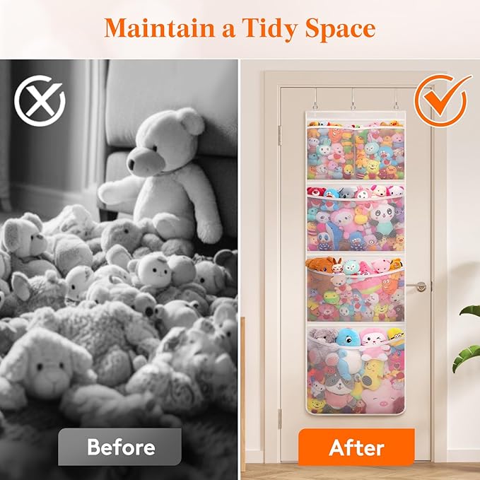 Lifewit Stuffed Animal Storage, Over the Door Organizer with 5 Expandable Mesh Pockets, Breathable Oxford Fabric Hanging Kid Baby Plush Toy Holder for Nursery, 167 cm (65.8'') High, White, 2 Pack