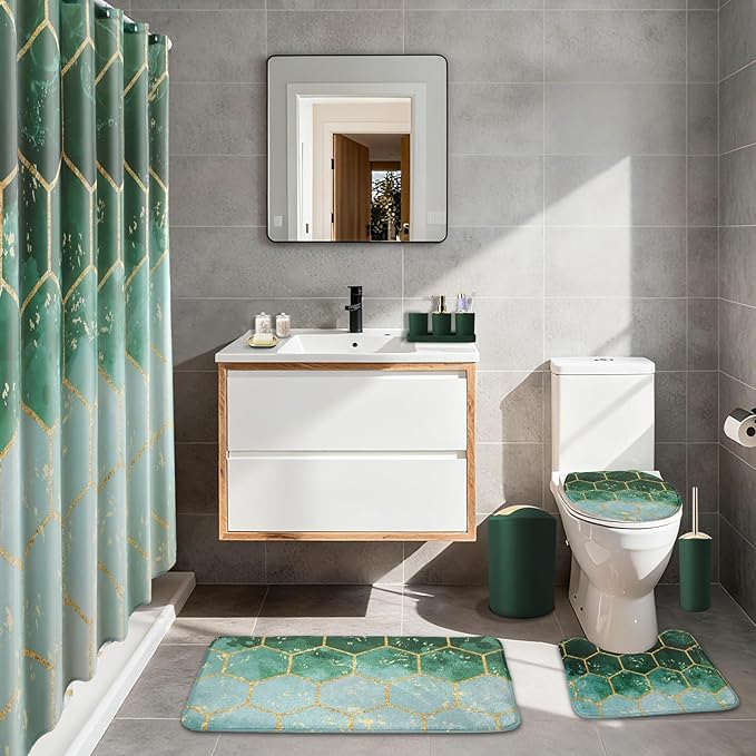 25 Pieces Bathroom Set Green and Gold Bathroom Accessories Set, Shower Curtain and Rugs, Trash Can, Toilet Brush, Soap Dispenser, Soap Dish, Toothbrush Holder, Tumbler, Tray, Qtip Holder