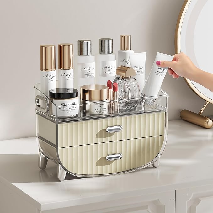 LAMU Makeup Organizer With 2 Drawers, Bathroom Storage With Four Non-Slip Feet And Dust-Proof, Simple And Stylish For Desktop, Vanity, Bathroom Countertops, White, Ideal Christmas Gifts for Girls