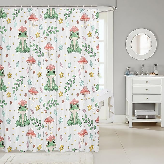 Green Frog Shower Curtains Pink Mushroom Shower Curtain For Bathroom Kawaii Tree Frog Bathroom Decor Curtain Cute Mushroom Frog Animals Farmhouse Bath Curtains Waterproof Mushroom Decor 72" W x 78" L