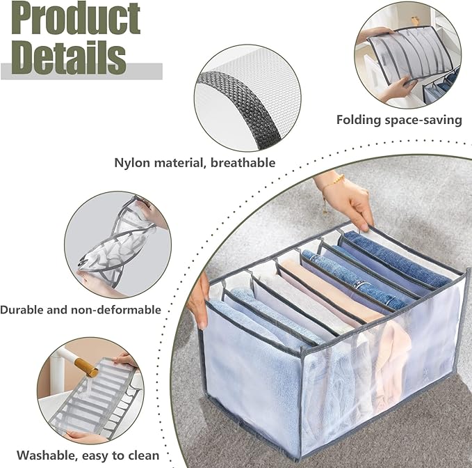 TOOVREN Clothes Organizer for Folded Clothes, Wardrobe Clothes Organizer, Drawer Organizers for Clothing, Mesh Storage Compartment Storage for Underwear Pants t-Shirt Leggings (7Grids,6Pack)