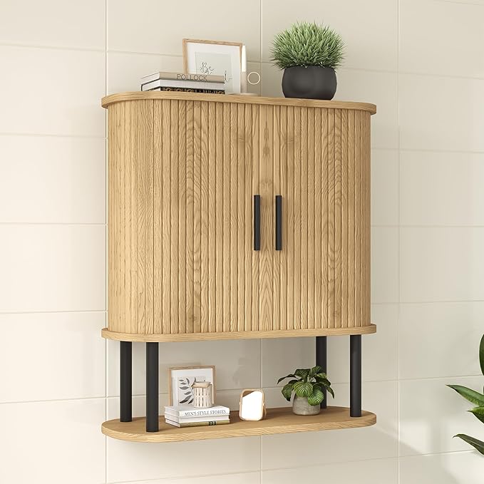 Bathroom Wall Cabinet, Over The Toilet Cabinet with Sliding Doors and Adjustable Shelf, Space Saver, Wall Mounted Medicine Cabinet for Laundry Room & Kitchen & Living Room, Natural