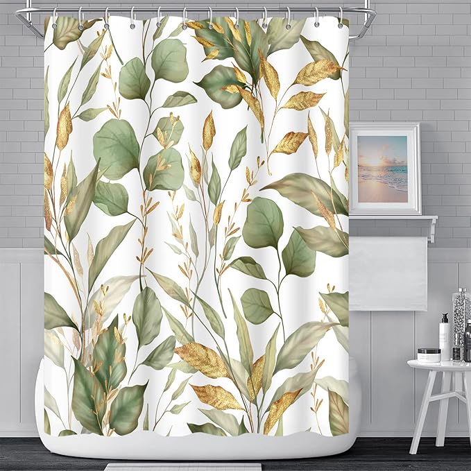 Green Eucalyptus Leaves Bathroom Shower Curtain Tropical Leaf Nature Plant Shower Curtain Polyester Waterproof Fabric Modern Home Decor, 72x84 Inch