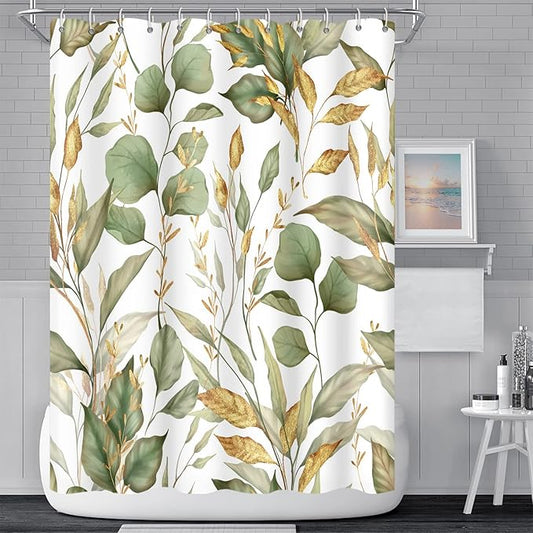 Green Eucalyptus Leaves Bathroom Decor - Tropical Leaf Nature Plant Shower Curtain, 65x70 Inch, Polyester Waterproof Fabric, Modern Home Decor with Hooks