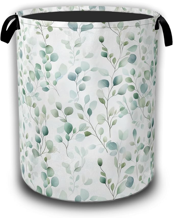 Green Floral Leaves Laundry Hamper,Tropical Plant Laundry Baskets,Waterproof Oxford Cloth Toy Storage for Bedroom,Bathroom,Nursery,16x20.8 Inch