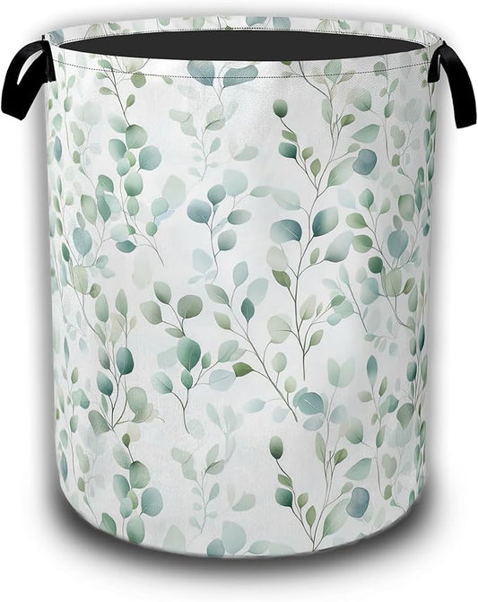 Green Floral Leaves Laundry Hamper,Tropical Plant Laundry Baskets,Waterproof Oxford Cloth Toy Storage for Bedroom,Bathroom,Nursery,16x20.8 Inch