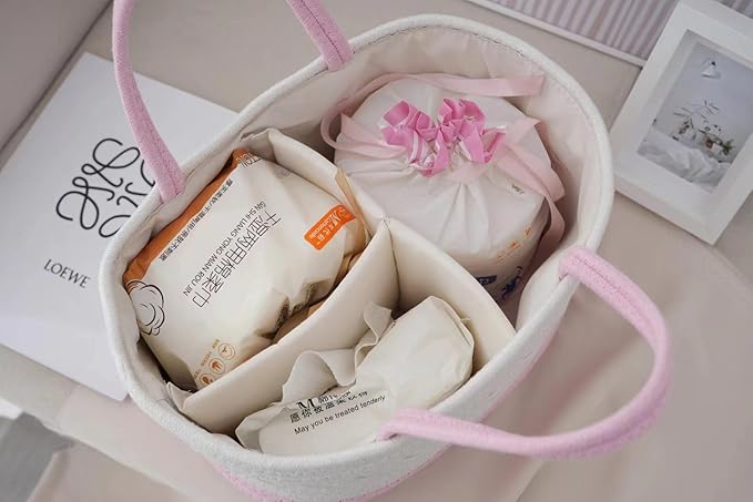 Cotton Rope Diaper Caddy Organizer, Nursery Storage Bin and Car Organizer for Diapers and Baby Wipes,Changing Table Baby Diaper Storage For Baby Shower & New Mums