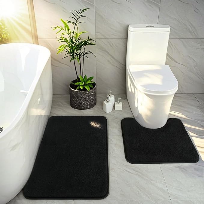 HOMORE Black Bathroom Rug Set 2 Piece,Soft Absorbent Bath Mats Set,Machine Washable Bath Rug Sets for Bathroom Non Slip,(21"x34"+21"x21") Plush Shaggy U Shape Contour Toilet