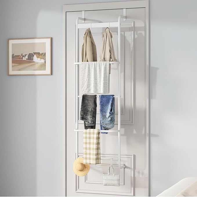 5 Tier Over The Door Towel Racks for Bathroom Wet Towel Drying Rack Clothing Storage Holder with Hooks (White, 5 Tier)