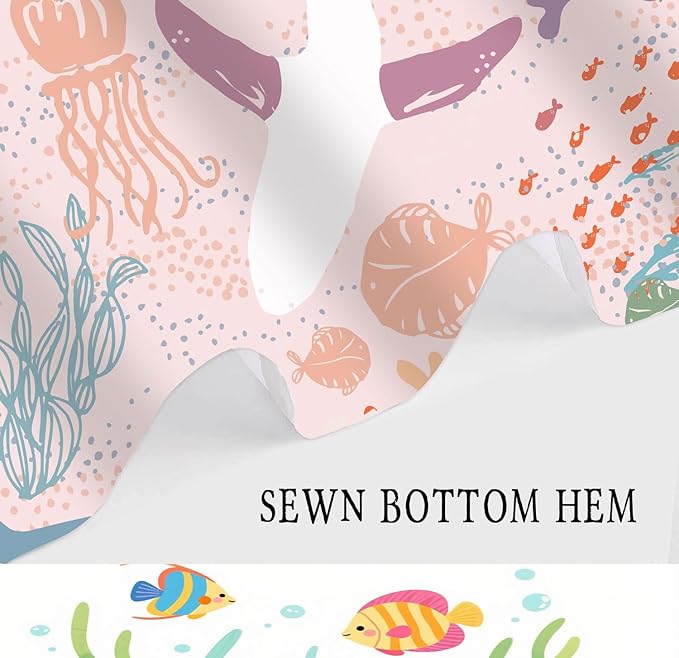 60x70 inch Kids Shower Curtain - Pink Boho Ocean Animals Underwater Cartoon Bathroom Decor with Shark & Fish for Girls, Nautical Theme Bathtub Curtain