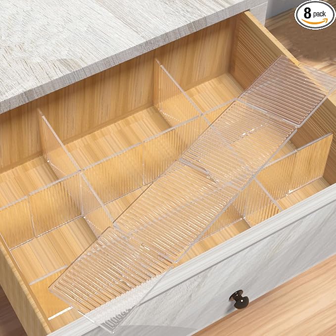 Onerbuy 8pcs Adjustable Grid Drawer Dividers DIY Plastic Closet Separator Tidy Organizer Container 32.5 * 7cm/ 12.8 * 2.8inch for Underwear Socks Belt Office Supplies(Transparent White)