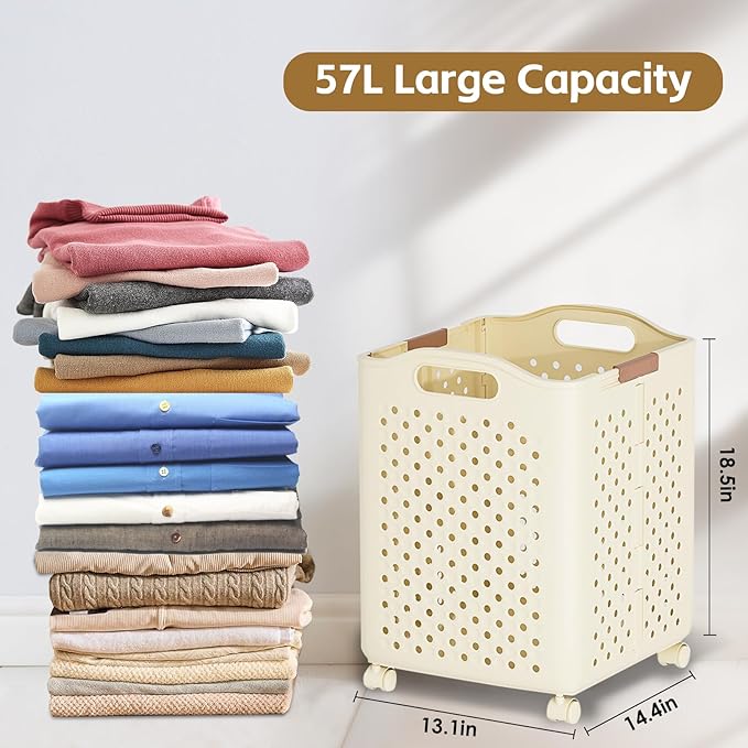 57L Collapsible Laundry Basket with Wheels, Laundry Basket Collapsible, Foldable Laundry Baskets with Handles, Dirty Clothes Hamper for Dorm, Bedroom and Bathroom (Pearl White)