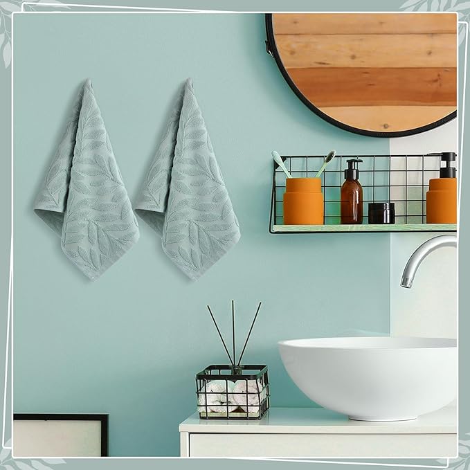 2 Pcs Green Leaves Hand Towels for Bathroom Green Leaves 100% Cotton Jacquard Weave Bath Towel Set Soft Absorbent Dish Washcloth for Bathroom Kitchen Summer Theme Gifts 13.8 x 29.5 Inch