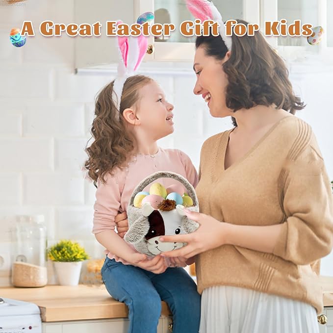Easter Basket, Soft Cow Plush Baskets, Easter Egg Hunt Buckets, Easter Decorations Indoor Outdoor, Cute Easter Gifts for Kids, Adults, Teens, Toddlers, Girls