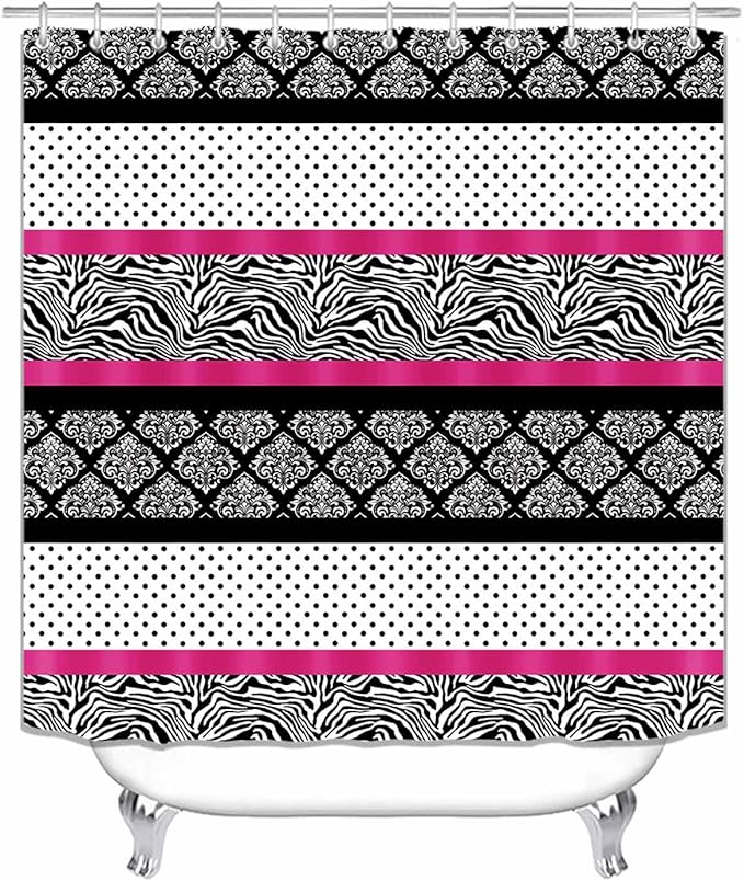 4PCS Patchwork Shower Curtain Sets with Rugs, Waterproof Fabric Black and White Shower Curtain, Abstract Zebra Striped Hot Pink Safari Wildlife Wild Animal Skin Polka Dot Modern Bathroom Decor