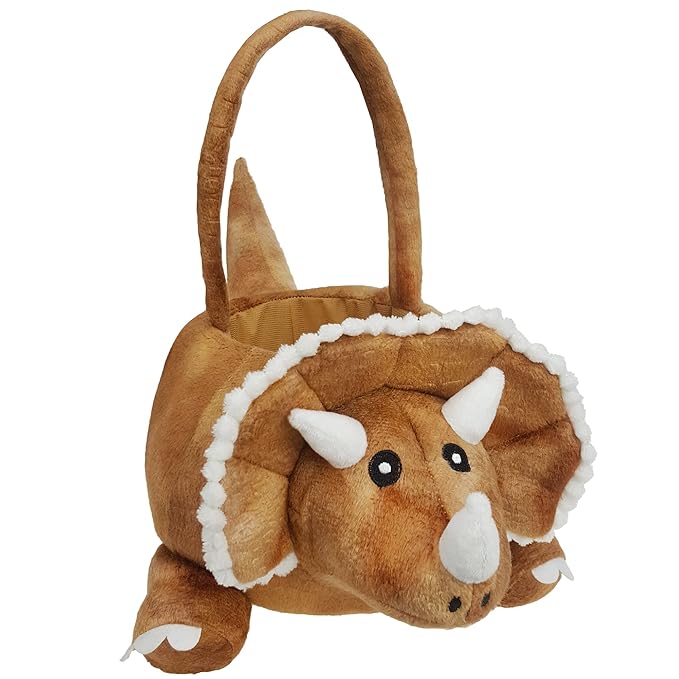 DearSun Personalized Easter Egg Hunting Basket 3D Plush Triceratops Dinosaur Basket with Embroidery Name (Brown Plush Triceratops Basket)