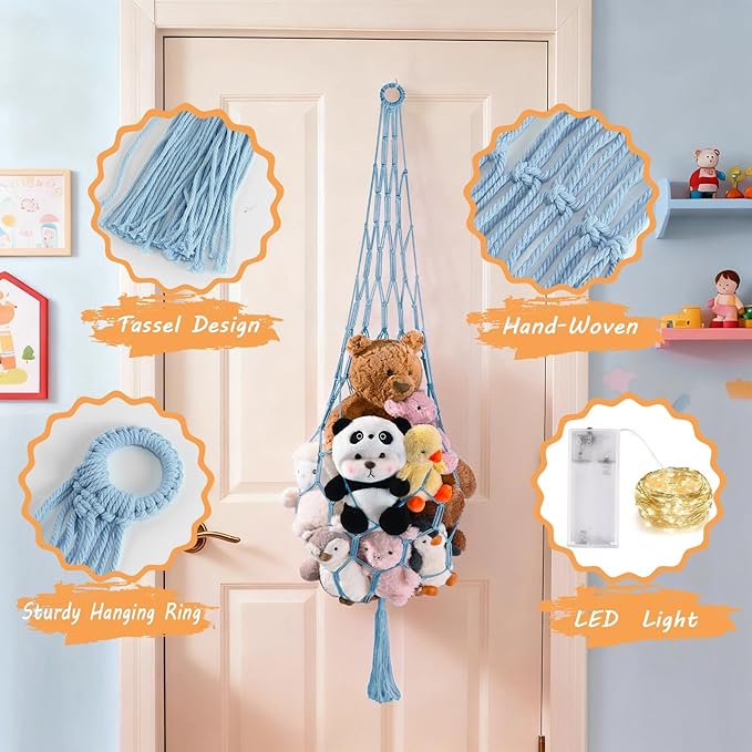 Stuffed Animal Hammock Corner Net with LED Light Plushies Storage Hammock for Stuffed Animals Boho Room Decor Macrame Wall Decor