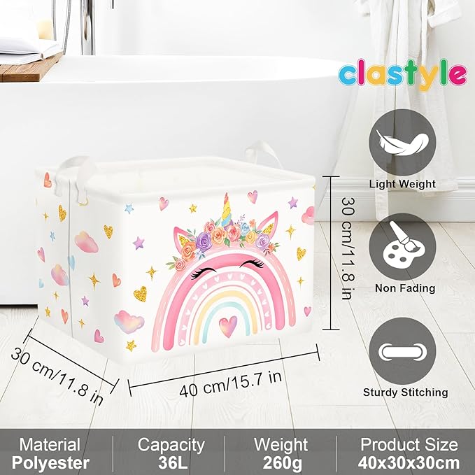 Clastyle Adorable Rainbow Laundry Basket Kids Clothes Book Storage Basket Gift Toy Box for Bedroom Decor,Unicorn,40x30x30 cm