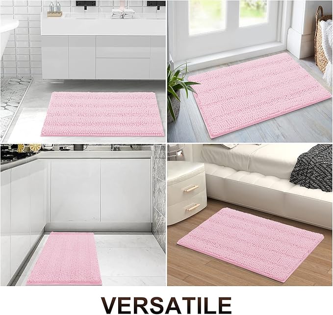 Grandaily Chenille Striped Bathroom Rugs 59x24, Extra Thick and Absorbent Bath Mats, Non-Slip Soft Plush Shaggy Shower Carpet, Machine Wash Dry, Bath Rug for Bathroom, Pink