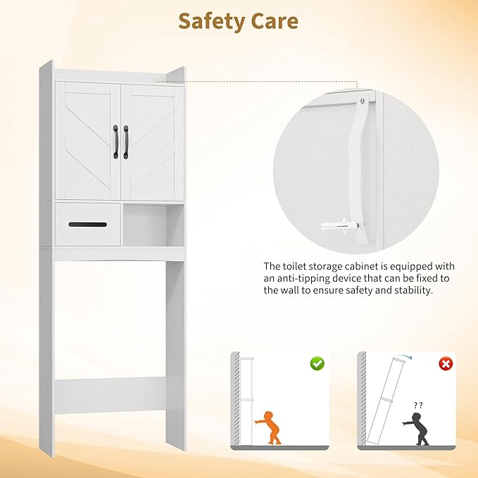 IDEALHOUSE Over The Toilet Storage Cabinet,Bathroom Organizers and Storage with Anti-Tip Device and Adjustable Shelf for Bathroom,Restroom,Laundry,White