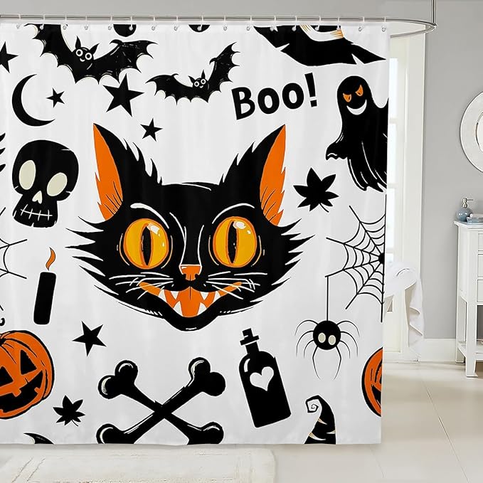 Halloween Cartoon Cat Shower Curtain,Cat Bat Pumpkin Lantern Spider Web Bath Curtain for Kids Bathroom Decor,Watercolor Moon and Star Print Waterproof Shower Curtain 72" Wx78 L