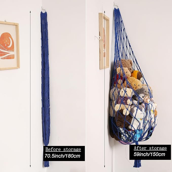 Novel Stuffed Animal Hammock Corner Hanging Net for Stuff Aniaml Storage Macrame Toy Display Plush Toy Holder-Perfect for The Tiny Space Walls (blue, XXL)