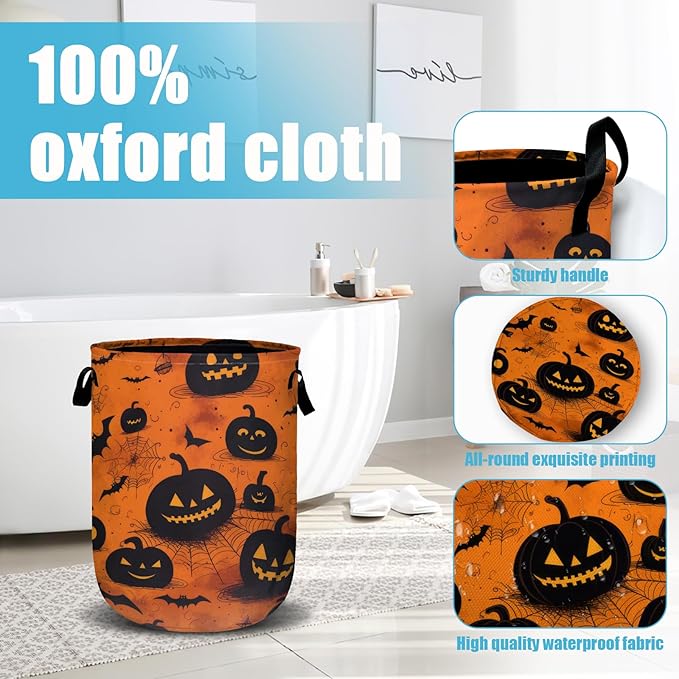 Spooky Pumpkin Laundry Basket, Halloween Laundry Hamper Collapsible Oxford Cloth with Handle Clothes Toy Storage Bin for Bathroom Laundry Room Bedroom 15.7 X 20 Inch