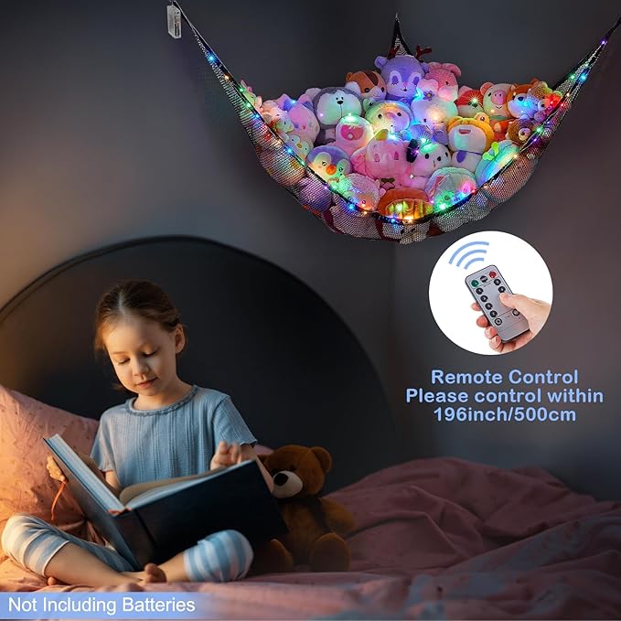 Basumee Stuffed Animals Net or Hammock with LED Light Hanging Toy Net Hammock for Stuffed Animals Storage Stuff Animals Hammocks for Nursery Room with Remote Control, 8 Kinds of Lights(Pack of 1)