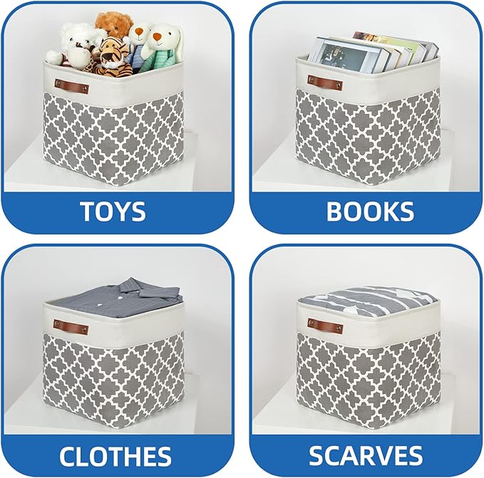 Temary 13ﾗ13ﾗ13 Foldable Storage Cube Baskets Fabric Cube Storage Basket for Organizing Cloth Storage Bins with Leather Handles for Gifts Empty, Closet (Grey Lattice)