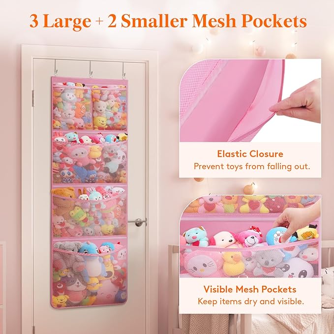 Lifewit Stuffed Animal Storage, Over the Door Organizer with 5 Expandable Mesh Pockets, Breathable Oxford Fabric Hanging Kid Baby Plush Toy Holder for Nursery, 167 cm (65.8'') High, Pink, 1 Pack