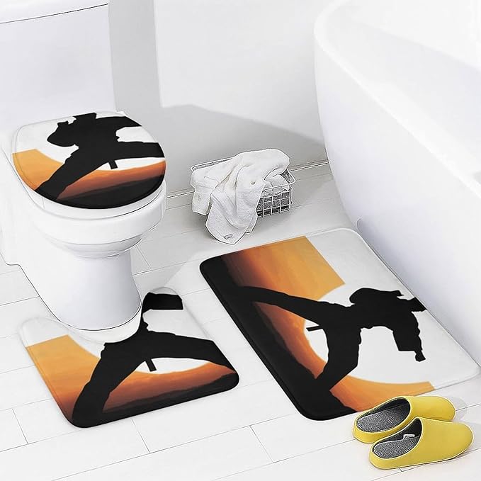 4 Piece Bathroom Rug Set with Shower Curtain, Non-Slip Bath Mat Toilet Cover Set, Karate Silhouette Bathroom Rug Sets