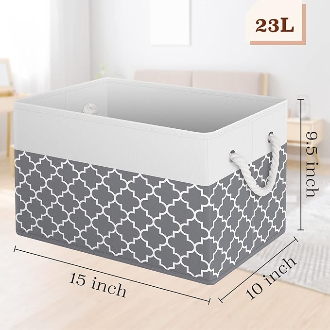 Storage Bin,Collapsible Storage Basket For Organizing,Large Storage Boxes With Rope Handles,Storage Containers,Clover Grey,3 Pack