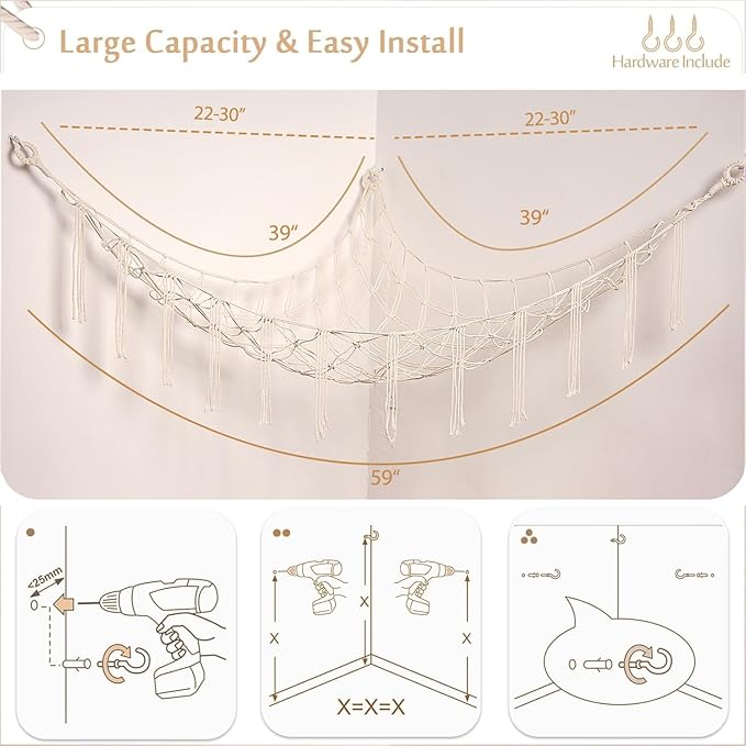 Stuffed Animals Hammock Corner Hanging Net Macrame Stuffed Animal Storage Plush Toy Holder Toy Organizer for Boho Nursery Playroom Bedroom Kids Room (cream, Large)