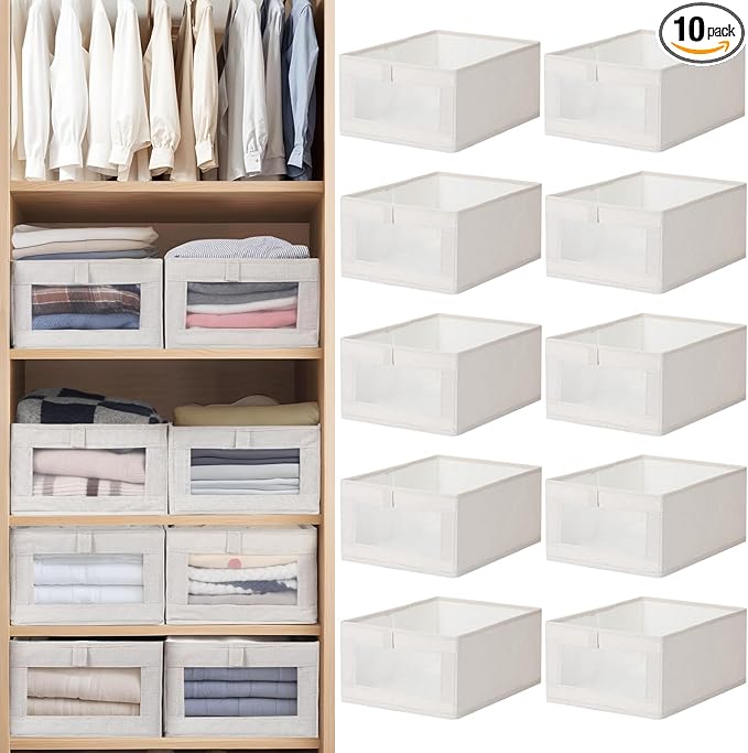 10 Pack Linen Closet Organizers And Storage, Closet Storage Bins for Closet Organization, Linen Closet Baskets Foldable Closet Organizer Bins with Clear Window For Organizing Clothing, Jeans
