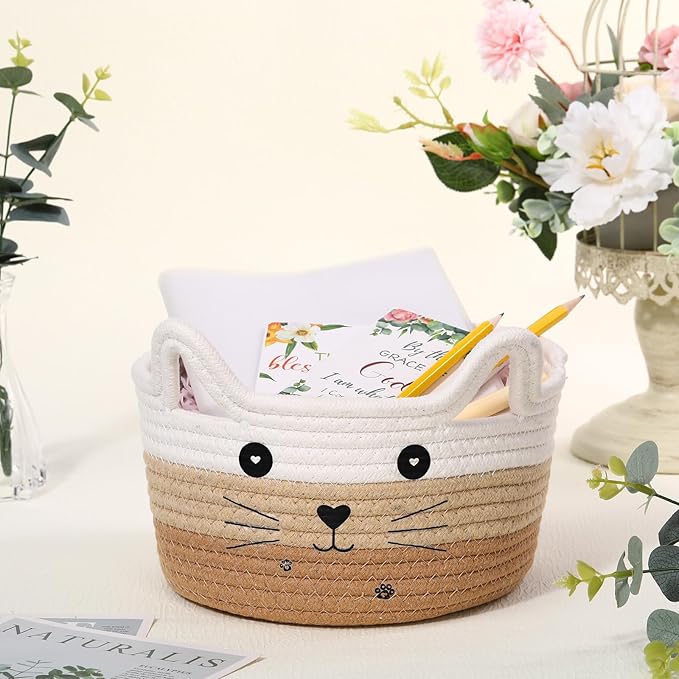 Zopeal Cat Basket Storage Woven Organizer with Ears Christmas Decorative Pet Toy Cute Cotton Rope Basket for Gift Cat Dog Toy Bin Nursery Room(8.3 x 4.7 Inch,White Khaki Brown)