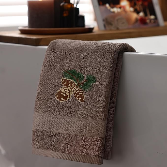 3 Pcs Rustic Pine Cone Hand Towels for Bathroom Christmas Decor, Pinecones Branch Embroidered Decorative Towels for Bathroom Kitchen Holiday Decor, 100% Cotton, 13.3 x 29.5''
