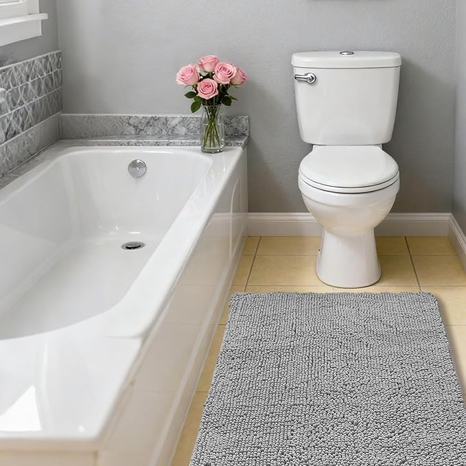 Gray Bathroom Rugs 26"x44" - Thick Plush Chenille Non-Slip Bath Mat - Absorbent, Washable, Soft Decor for Sink, Shower, Tub, Kitchen, Vanity, Home Accessories