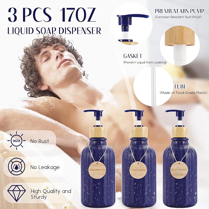 30PCS Navy Blue Bathroom Accessories Set with Waffle Shower Curtain,Trash Can,3PCS Lotion Soap Dispenser, Toothbrush Holder, Soap Dish,Tumbler Cup,6PCS Wood Tags Bath Accessories with Tray