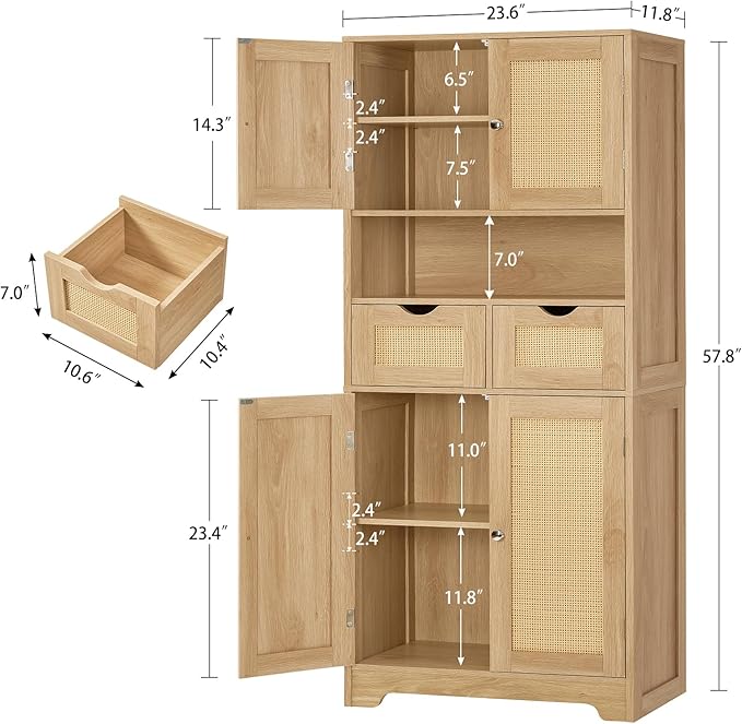 WEENFON 57.8" H Tall Storage Cabinet with 2 Drawers & 2 Adjustable Shelves, Rattan Cabinets with 4 Doors, Cupboard, Kitchen Cabinets, Pantry Cabinet, Tall Cabinet for Living Room, Entryway, Natural
