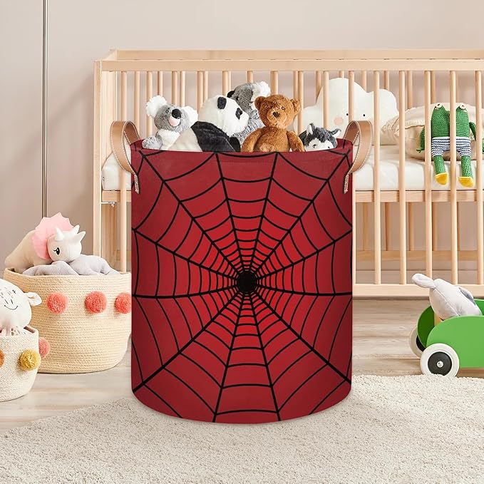 Red Spider Web Laundry Hamper Basket for Boys 18" Collapsible Polyester Sturdy & Lightweight Clothes Storage Bin with Handles for Kids Room Bedroom Bathroom Living