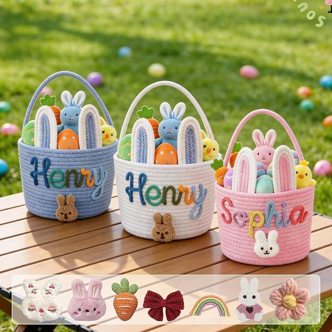 Personalized Easter Basket for Kids with Name - Custom Cute Embroidery Easter Bunny Rope Basket for Boys Girls, Easter Egg Hunt Basket (8 Colors+Rabbit Ear)