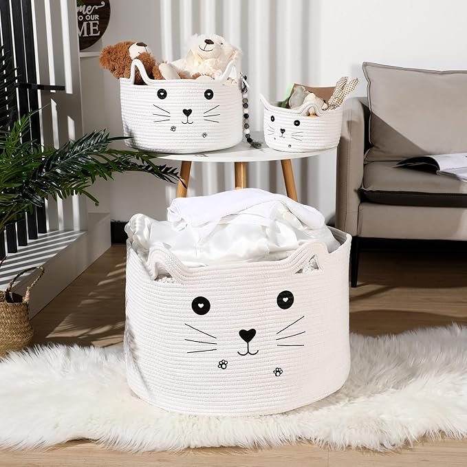 Zopeal Cat Basket Storage Woven Organizer with Ears Christmas Decorative Pet Toy Cute Cotton Rope Basket for Gift Cat Dog Toy Bin Nursery Room(21.7 x 13.8 Inch,White)