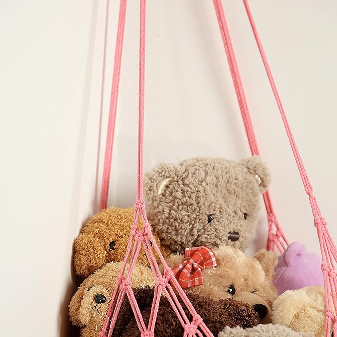 Stuffed Animal Storage Hammock Corner Hanging Net Stuffy Animal Hammock Macrame Toy Display Plush Toy Holder for Kid Bedroom Decor Boho Nursery Playroom Organizer (pink)