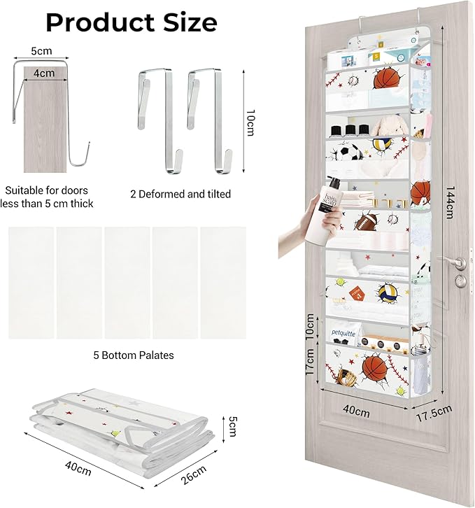 Clastyle Ball Over The Door Organizer Star Nursery Hanging Storage Organizer for Boys Clothes Diaper Toy Closet Door Hanging Shelf Storage for Bedroom Bathroom Pantry, Sport, 5-Tier