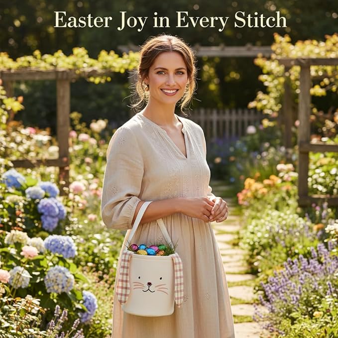 Cute Burlap Bunny Easter Basket, Large Canvas Gift Tote with 3D Plaid Ears for Egg Hunt and Party Decor, Springtime (Brown)