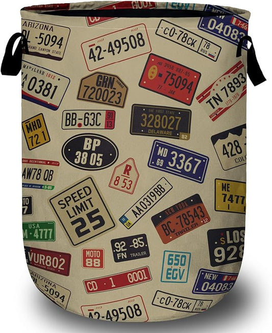 Colourful Car Number Plates Laundry Basket, Laundry Hamper Collapsible Oxford Cloth with Handle Clothes Toy Storage Bin for Bathroom Laundry Room Bedroom 15.7 X 20 Inch